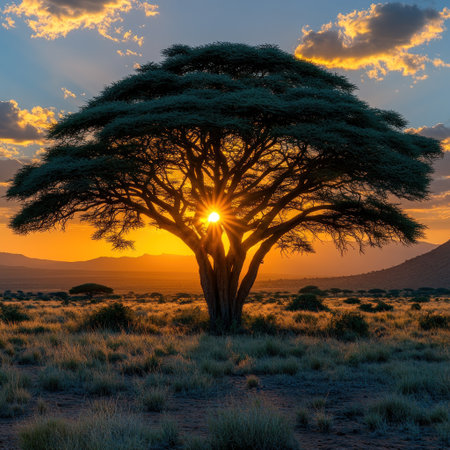 Golden sun sets behind an acacia, casting shadows over the savannah grass.の素材