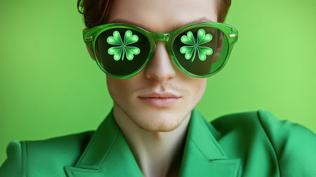 Bright green attire and fun sunglasses celebrate joy and style in a lively moment.の素材