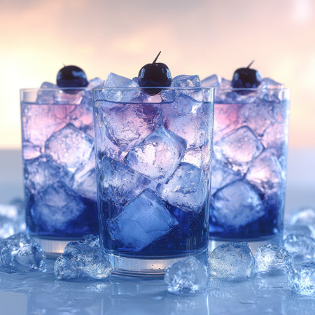 Vibrant drinks with ice and cherries are displayed in glasses during twilight hours.の素材