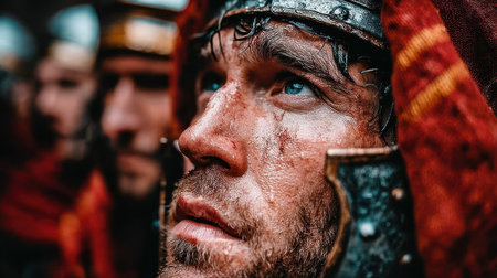 A fierce warrior stars upward, showing determination and battle scars in history.の素材