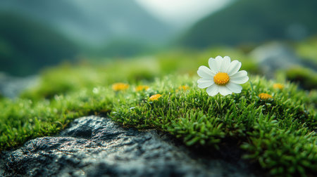 A lovely white flower stands out on a rock covered with green moss under soft daylight.の素材
