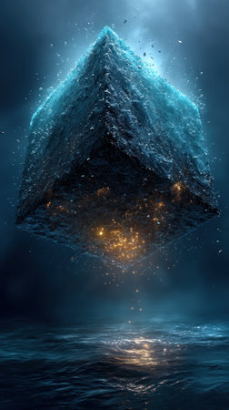 A glowing cube floats above the ocean, illuminating waves with soft light at dusk.の素材