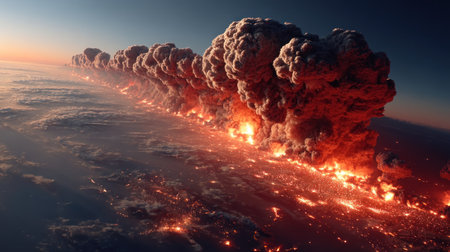 Volcano erupts, sending fiery clouds and glowing lava into the twilight sky.の素材