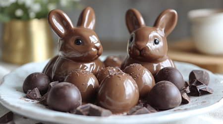 Delicious chocolate bunnies and eggs arranged on a plate for a joyful spring celebration.の素材