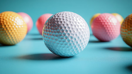 Colorful golf balls are arranged playfully on a cheerful blue background.の素材