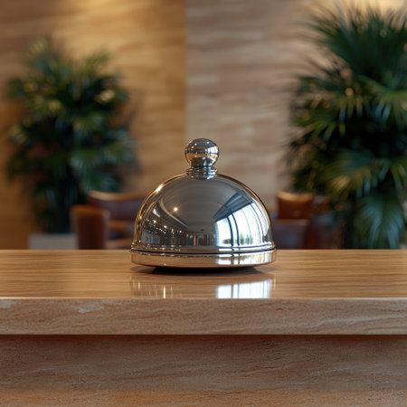 A polished silver bell sits on a warm wooden counter in a stylish hotel lobby.の素材