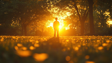 A child stands quietly in a tranquil park during sunset, surrounded by warm golden light.の素材