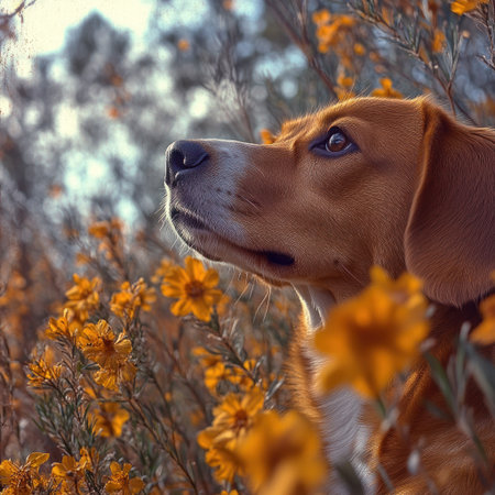 A beagle dog gazes thoughtfully amidst a blooming field of cheerful yellow flowers.の素材