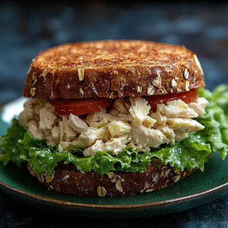 Savory chicken salad in whole grain bread, topped with lettuce and tomatoes.の素材