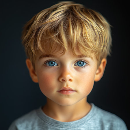 Charming young child with bright blue eyes gazes directly with a thoughtful expression.の素材