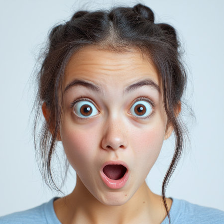 A young girl displays surprise, her eyes wide and mouth open in awe, indoors.の素材