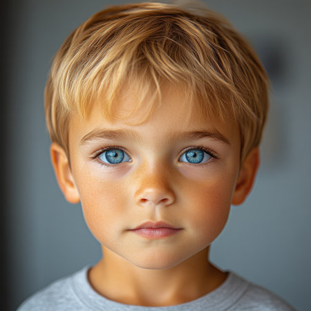 Young boy gazes intently with sparkling blue eyes, showing curiosity and innocence.の素材