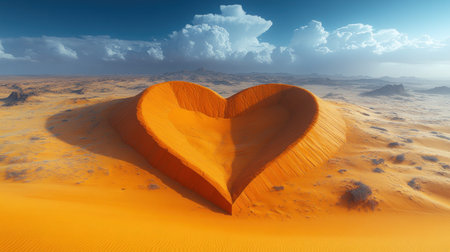 A heart shaped dune rises in golden sands, framed by distant mountains.の素材