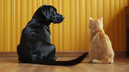 A black dog and an orange cat sit side by side in a bright, welcoming room.の素材