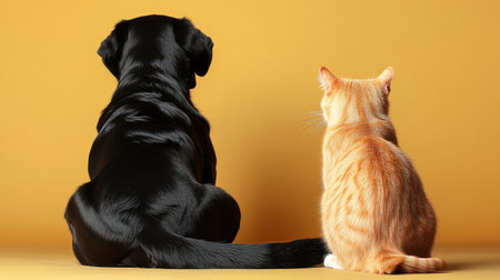 Black dog and orange cat enjoy a relaxing moment together against a bright backdrop.の素材