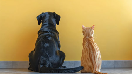 A black dog and orange cat sit side by side, gazing at a yellow wall.の素材