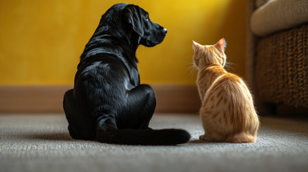 Black dog and orange cat sit side by side, gazing in the same direction in a sunny room.の素材
