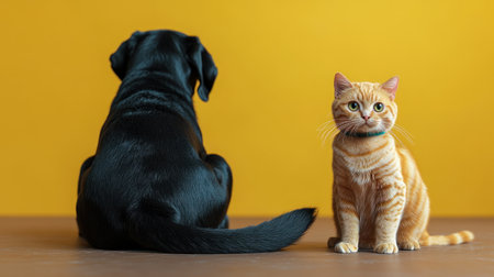 A cat and dog sit side by side, enjoying a moment of friendship in a bright setting.の素材