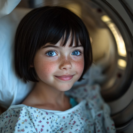 Freckled girl smiles in a hospital, ready for her MRI scan.の素材