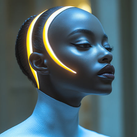 Model highlights radiant lines on smooth skin in a tranquil setting.の素材