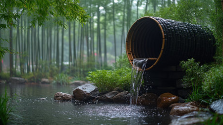 Gentle water cascades from a bamboo pipe into a tranquil pond embraced by vibrant plants.の素材