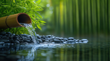 Gentle water cascades from a bamboo shoot into a calm pond, enhancing nature's beauty.の素材