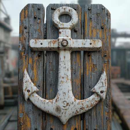 A large white anchor rests against aged wood, reflecting a tranquil morning at the dock.の素材