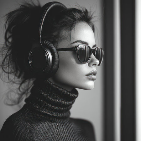 A stylish woman relaxes with headphones and sunglasses, lost in her music by the window.の素材