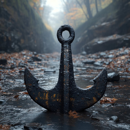An old anchor rests in misty waters, surrounded by vibrant autumn leaves.の素材