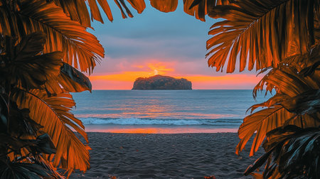 Golden sunset colors the sky over waves, silhouette of an island rising.の素材