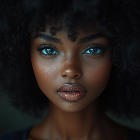 Bright blue eyes and stunning natural hair create an unforgettable portrait of beauty.の素材