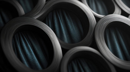 Dark fabric hangs in circular structures, contrasting materials and shadows.の素材