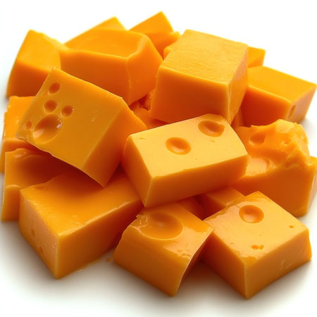 Bright orange cheddar cheese chunks are stacked together, perfect for snacking or cooking.の素材