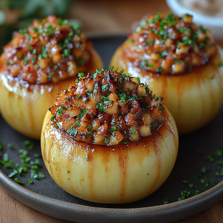 Savor the sight of these flavorful stuffed onions topped with fresh herbs.の素材