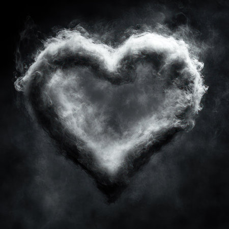 A heart shape made of swirling smoke fills the dark space, evoking feelings of love.の素材
