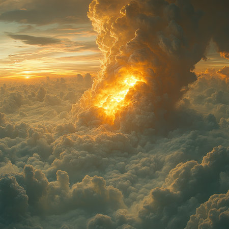 Golden light breaks through dark, billowing clouds as the sun sets on the horizon.の素材