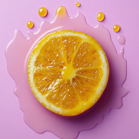 A fresh orange slice lies on pink background with vibrant juice creating a colorful scene.の素材