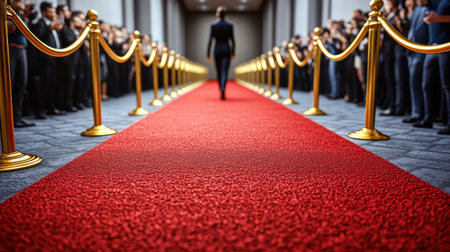A confident figure strides down the red carpet as fans cheer and cameras flash around.の素材