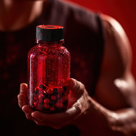 Strong hands hold a bright red supplement bottle filled with colorful capsules.の素材