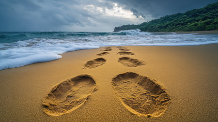Footprints on the sandy shore guide the way to the ocean waves during a stormy afternoon.の素材