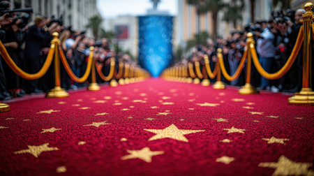 A vibrant red carpet spreads across a grand venue with eager fans and photographers.の素材
