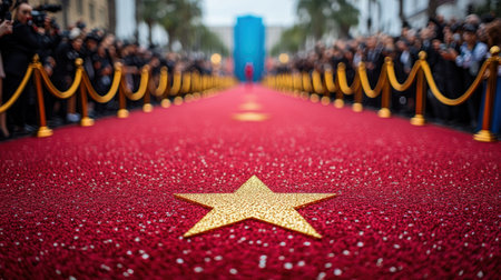 Crowds flock to the red carpet, buzzing with excitement at a special event.の素材