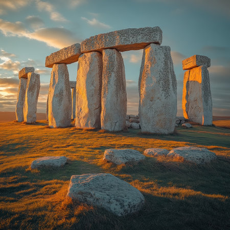 Tall stone structures rise against a vibrant sunset, forming a mystical scene.の素材