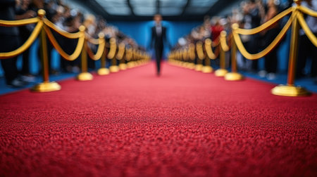 A crowd eagerly watches as a well dressed figure walks down the elegant red carpet.の素材