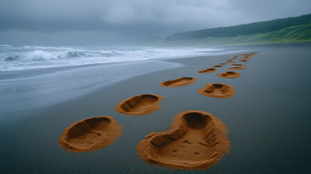Footprints lead along a dark sandy shore as waves crash under a cloudy sky.の素材