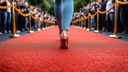 A person in high heels strides along the vibrant red carpet, surrounded by eager fans.の素材