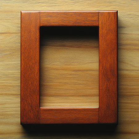 Simple wooden frame sits on a polished surface, inviting memories to be displayed inside.の素材