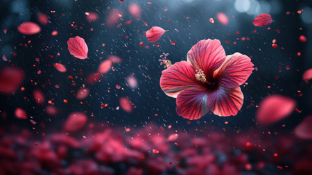Red hibiscus blooms gracefully as petals cascade around it in a magical rain ambiance.の素材