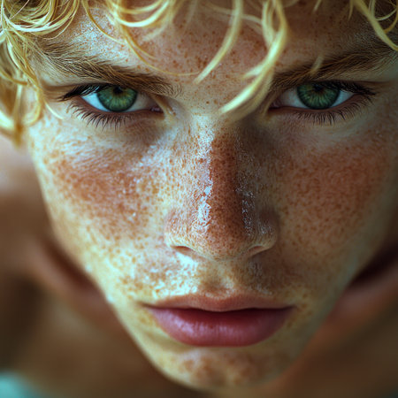 A boy with striking green eyes and a face full of freckles gazes intensely at the viewer.の素材