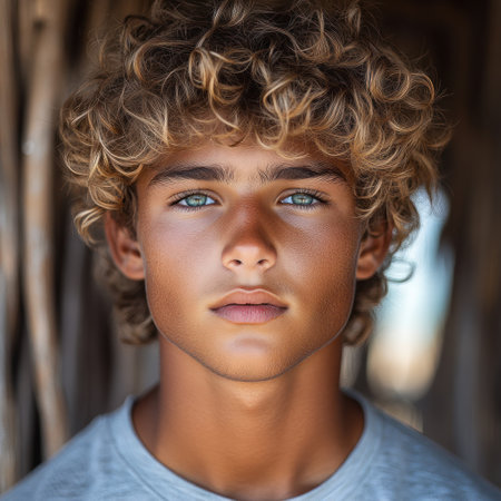 Curly haired youth with bright blue eyes stands among nature, exuding serenity.の素材